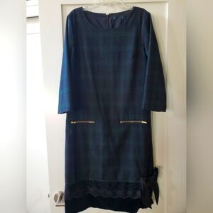 Cute Hunter Green & Black Plaid Shift Midi Dress w/ Added : Lace, Velvet, Bow